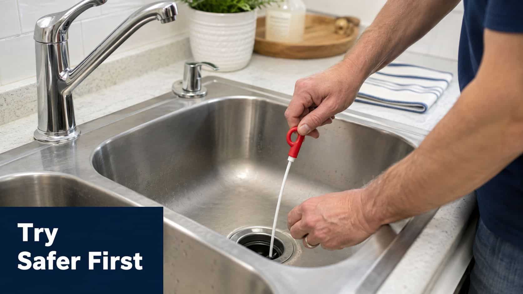 A person using a plastic drain cleaning tool to manually remove a clog from a kitchen sink.