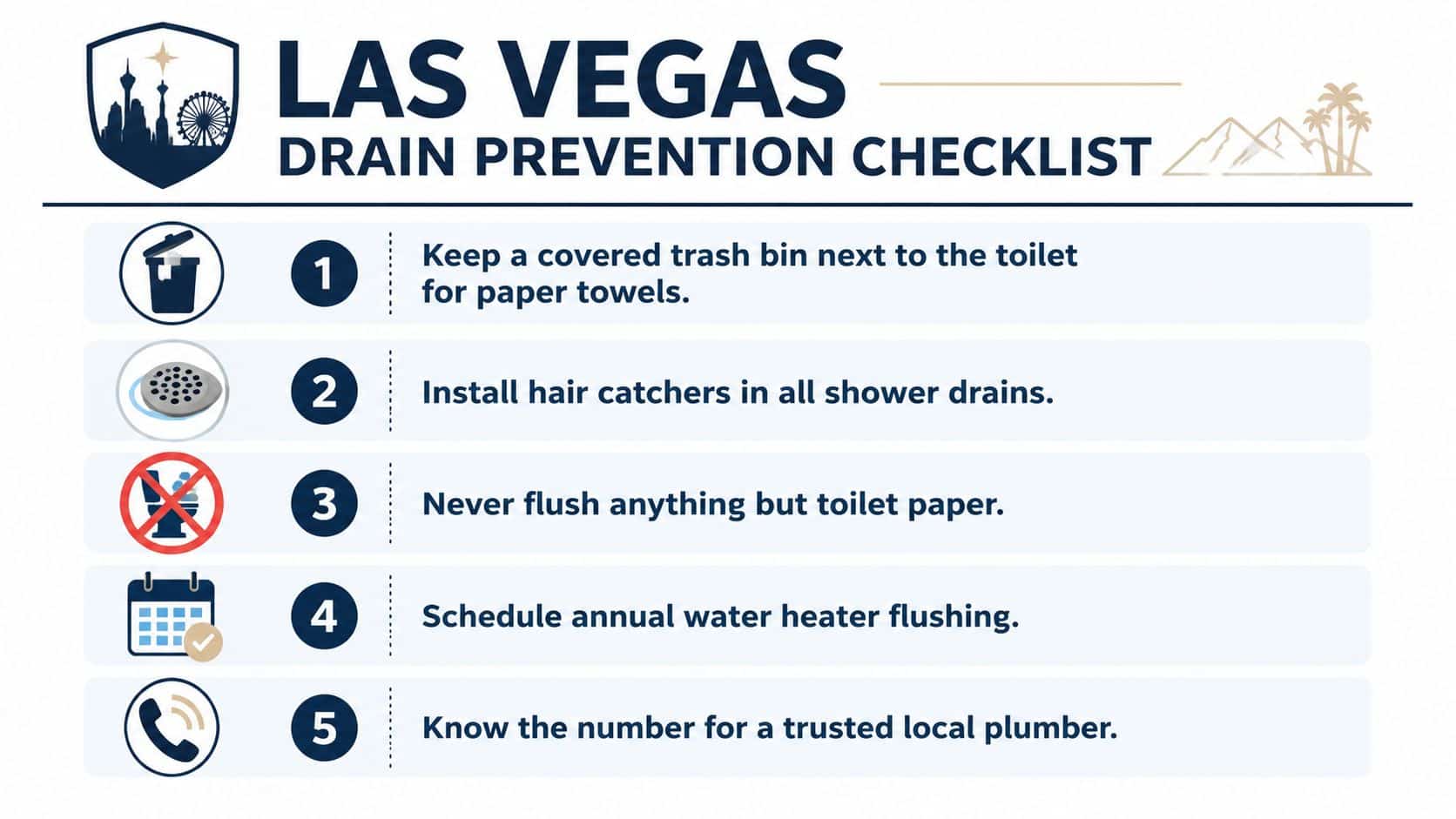 A checklist infographic listing five essential tips for drain prevention and home plumbing maintenance in Las Vegas.