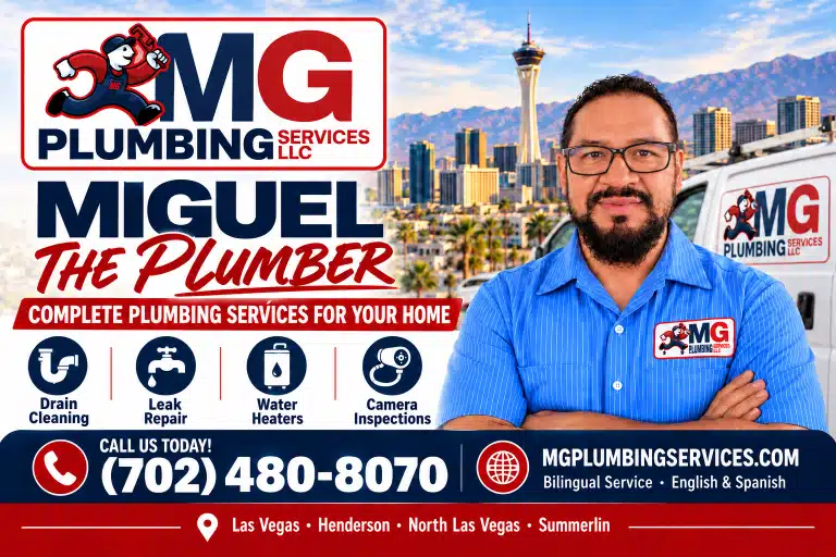 Miguel Garcia, licensed plumber serving North Las Vegas, NV, in front of the MG Plumbing Services van