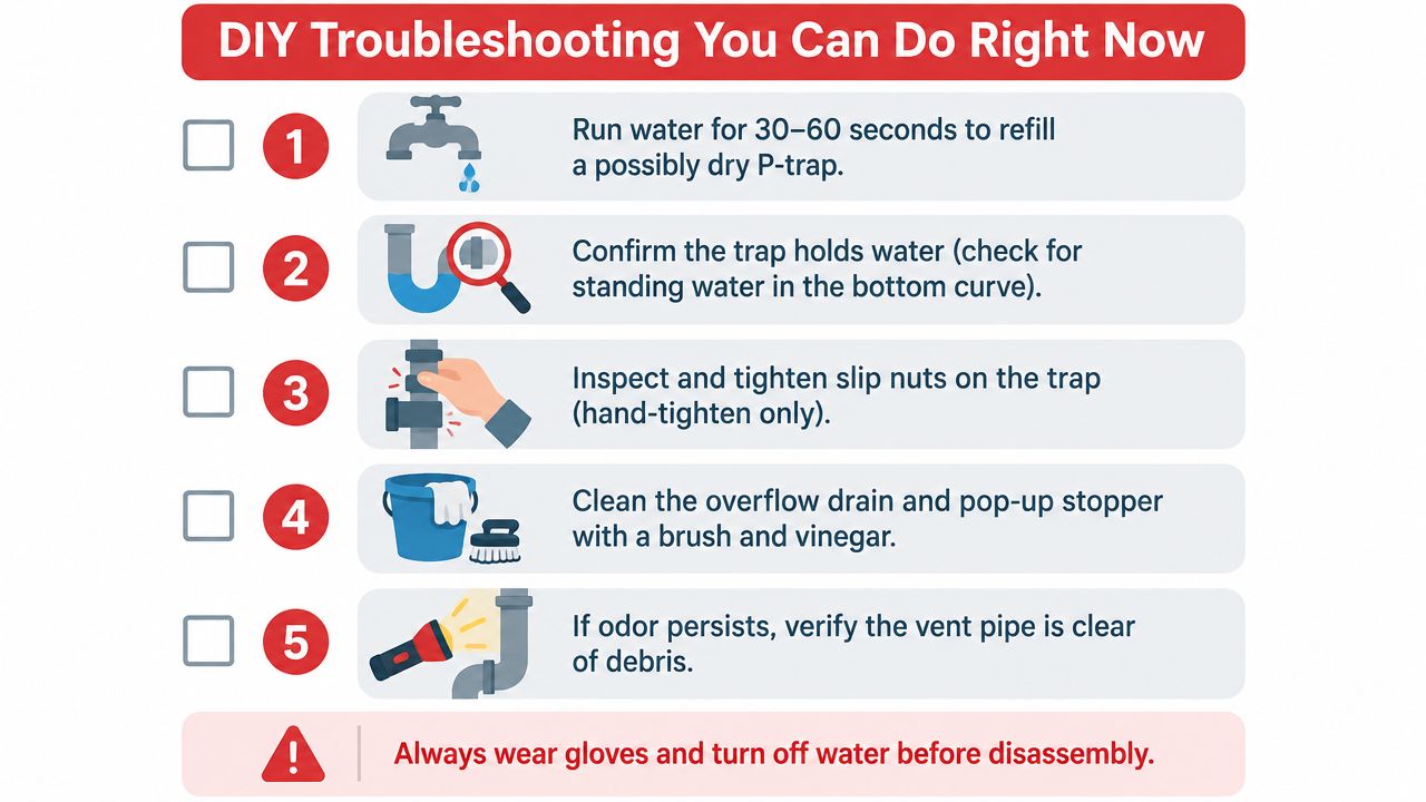 An infographic titled DIY Troubleshooting You Can Do Right Now showing five steps to fix smelly drains.