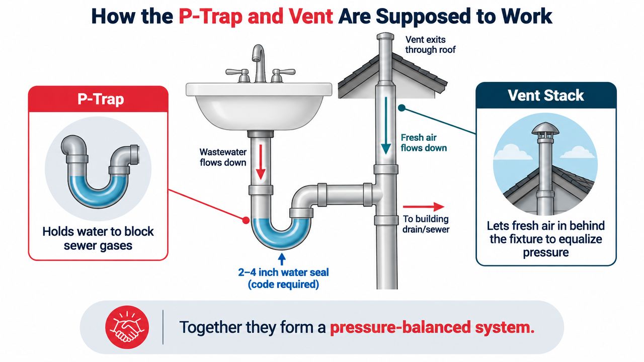 A diagram explaining how a P-trap and vent stack function to prevent sewer gases in bathroom sinks.
