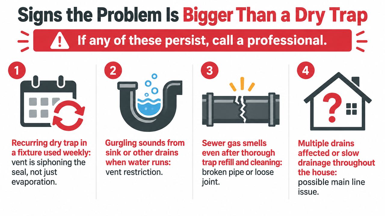 An infographic detailing four warning signs that sewer smells in a house indicate serious plumbing problems.