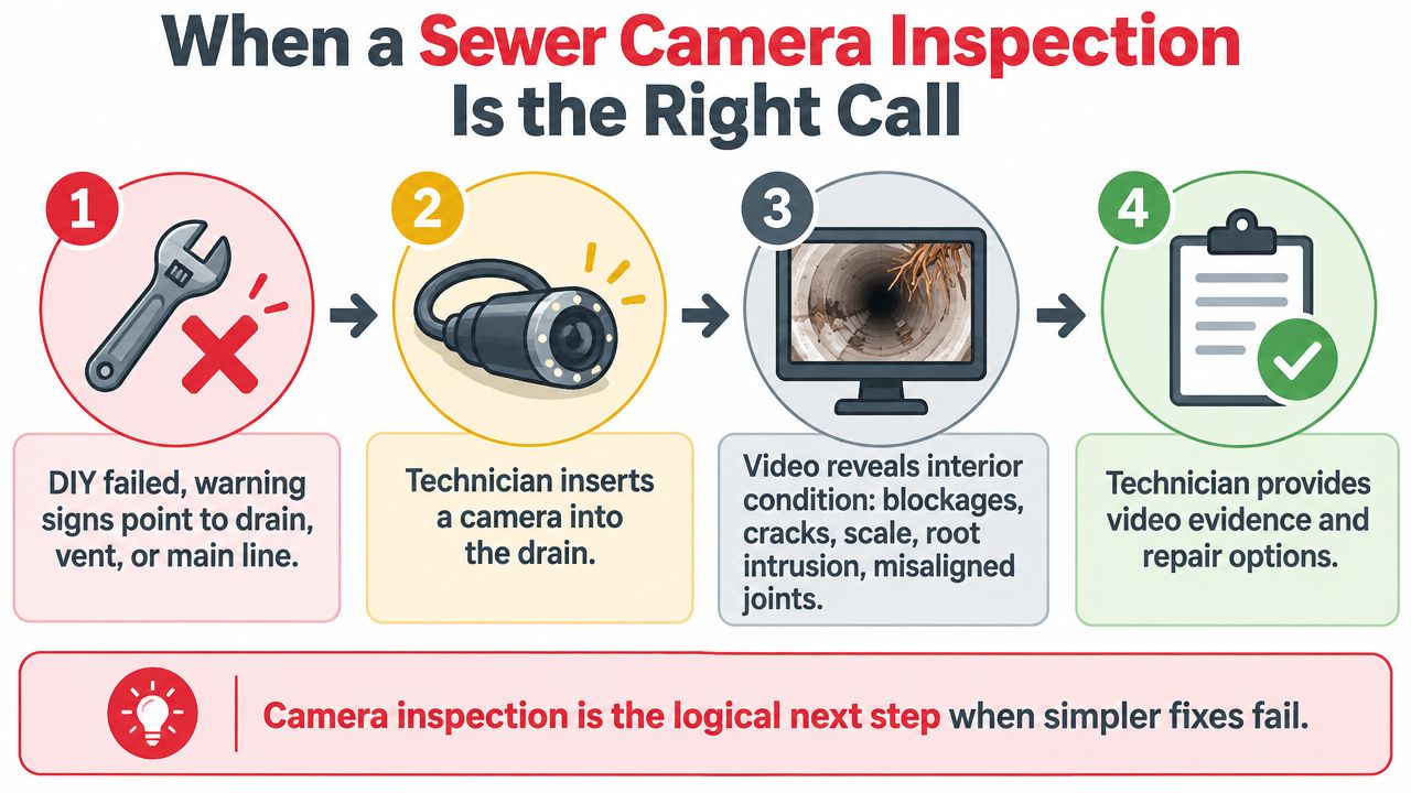 A four-step infographic illustrating the process and benefits of professional sewer camera inspection services.