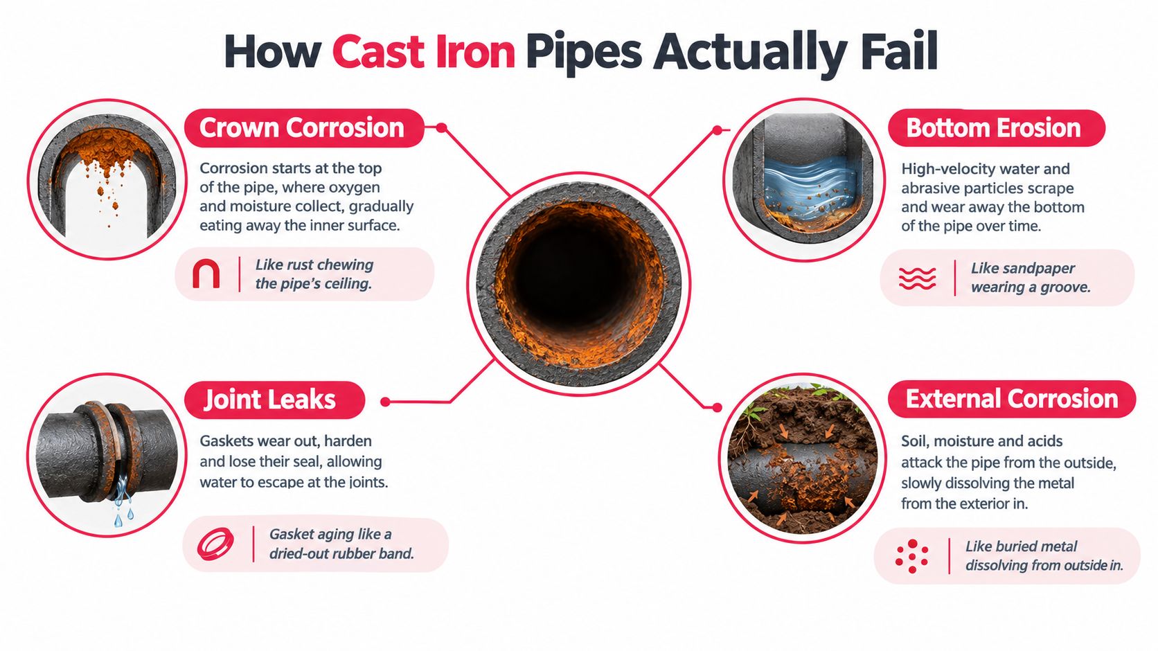 A diagram explaining four common causes of failure in cast iron pipes including corrosion, erosion, and leaks.