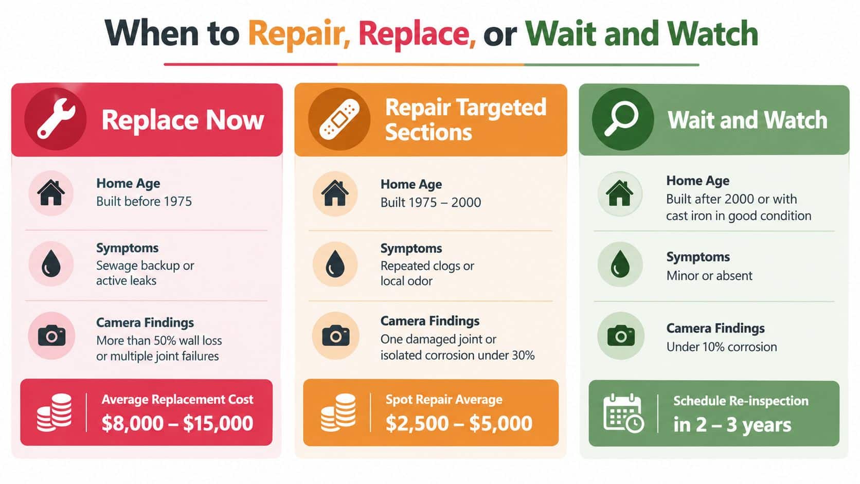 A decision chart showing when to repair, replace, or monitor home cast iron drain pipe systems.