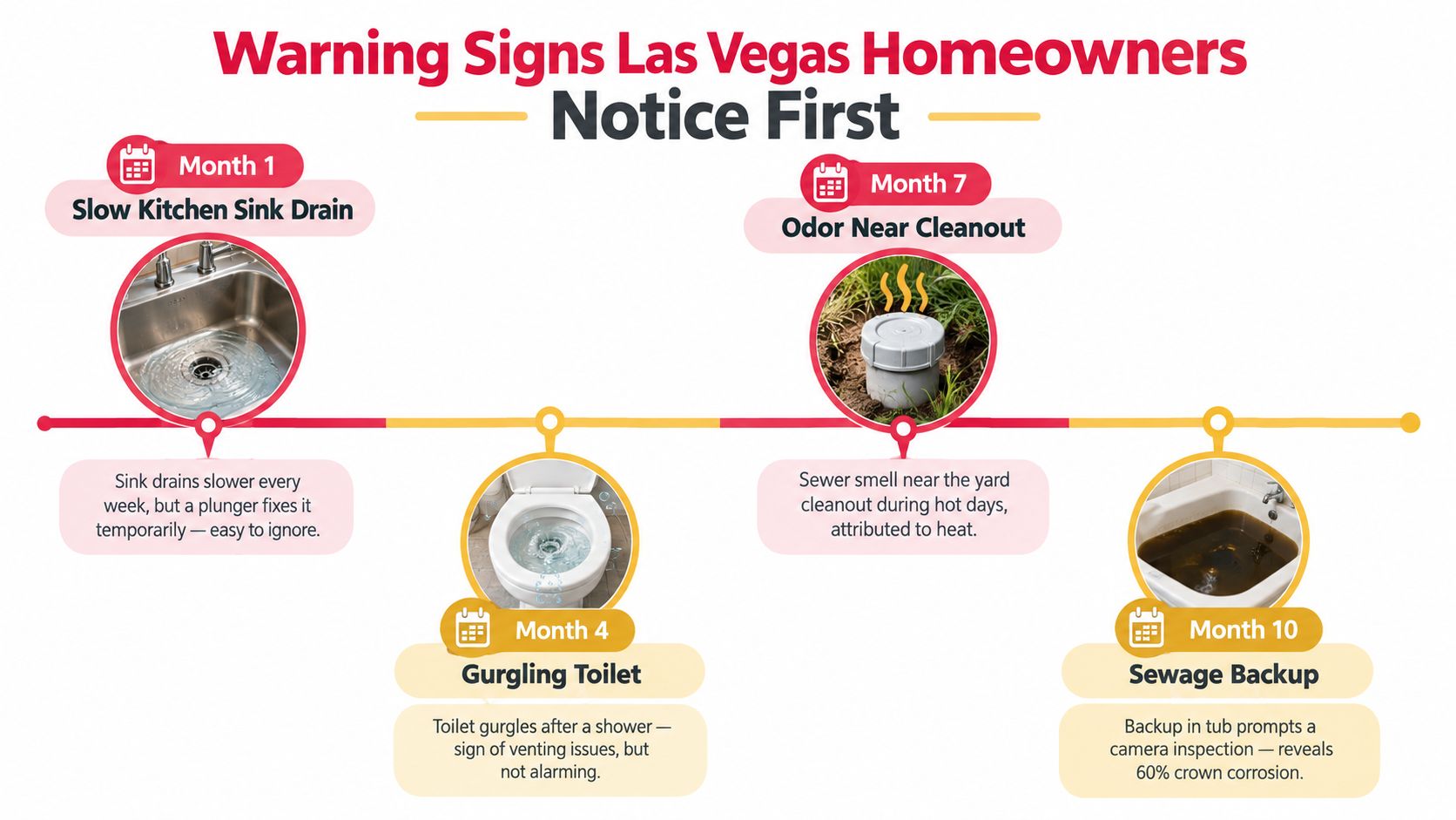 A timeline graphic showing common warning signs of failing sewer pipes for Las Vegas homeowners over ten months.