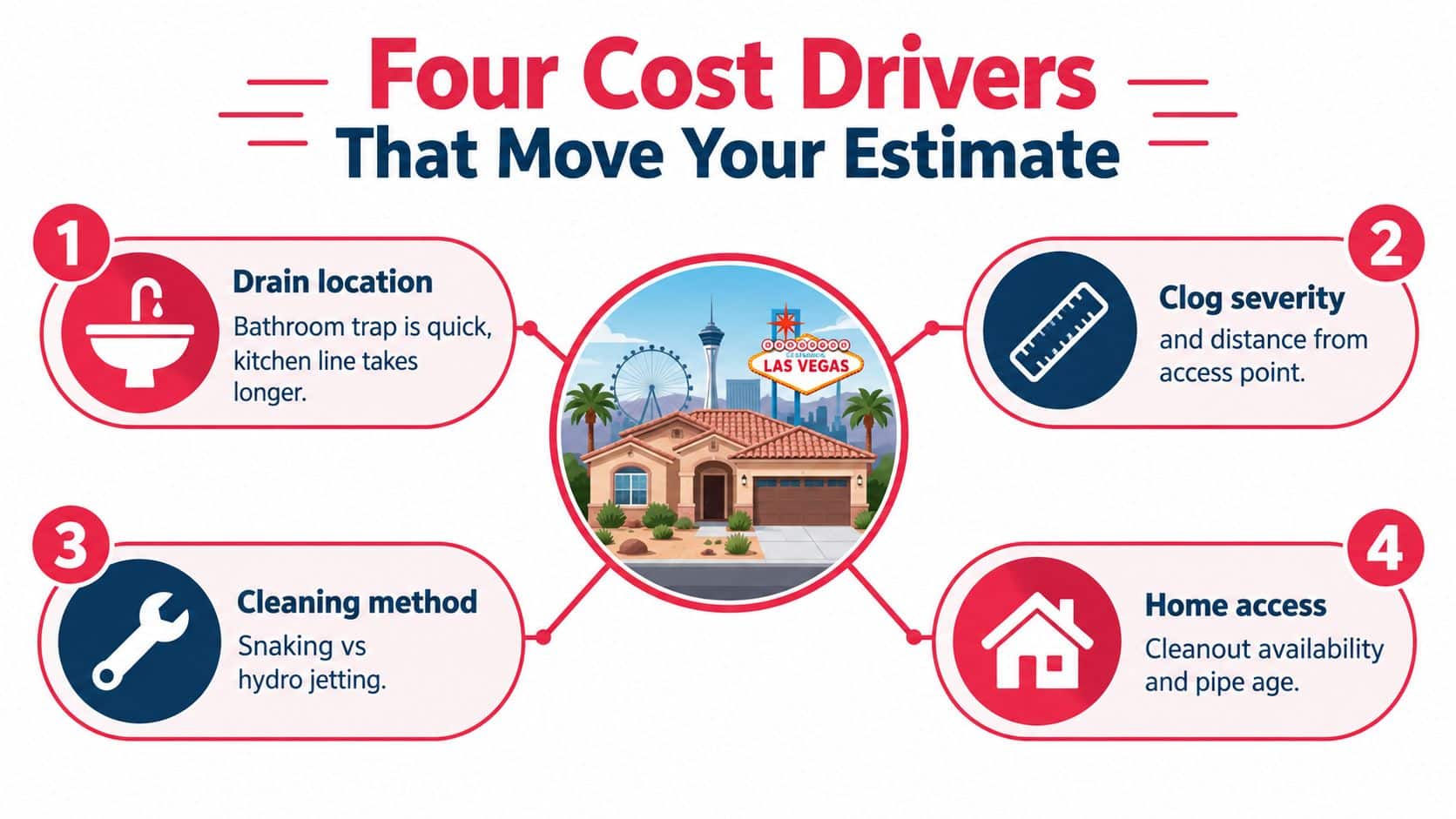 An infographic showing four key factors that influence the cost of professional residential drain cleaning services.