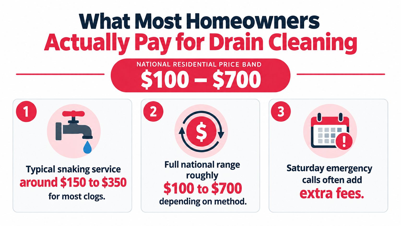 An infographic detailing the national residential price range for professional drain cleaning services and cost factors.
