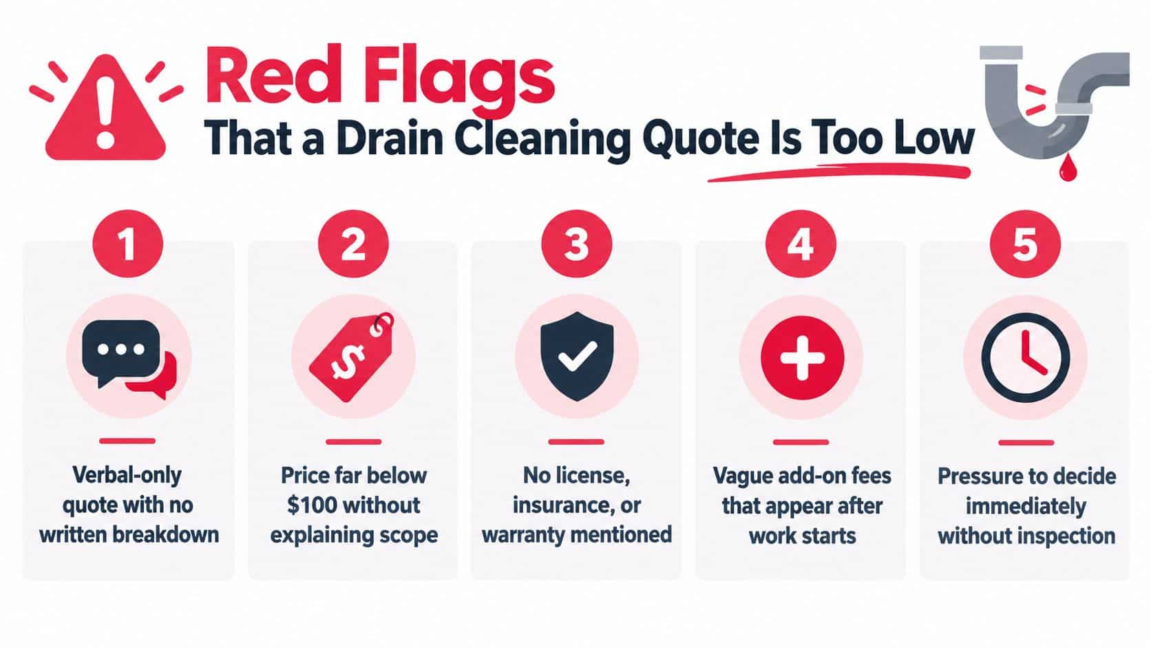 An infographic listing five warning signs that a drain cleaning service quote is unrealistically low.