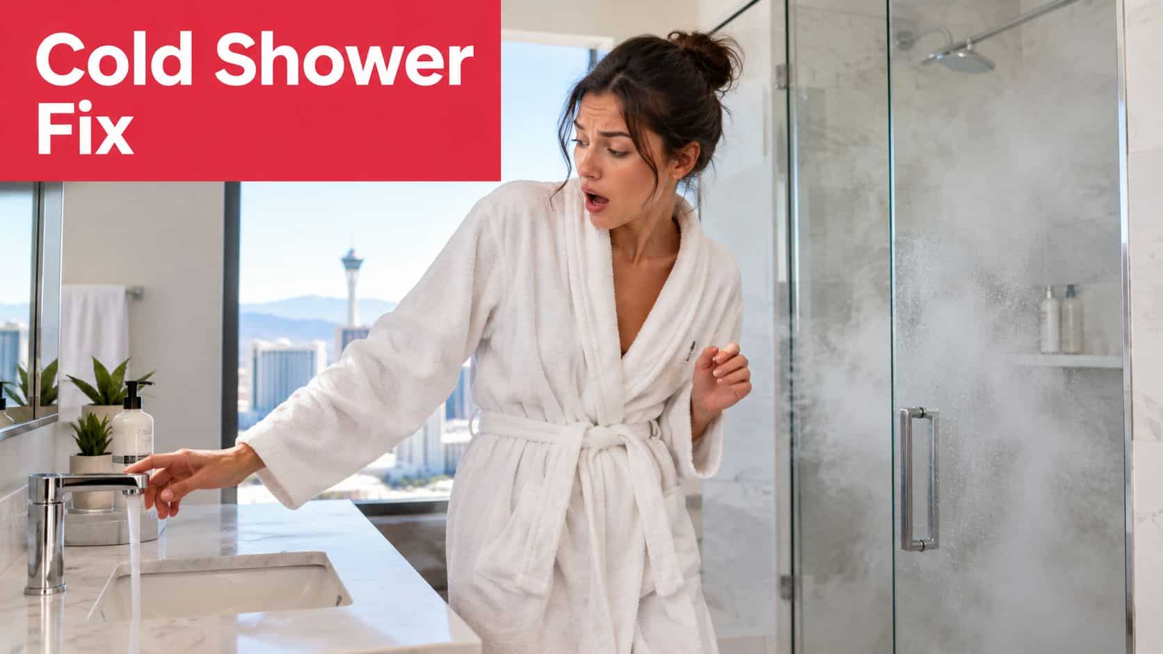 A woman in a white robe looking surprised at a steaming shower in a modern bathroom.