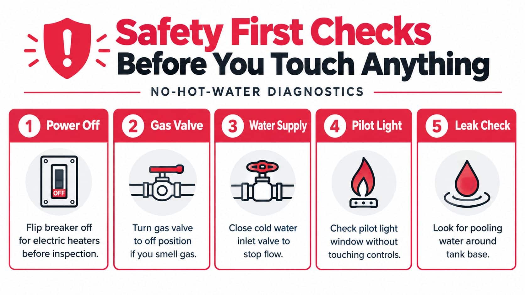 A safety infographic detailing five essential steps to follow before inspecting a malfunctioning water heater system.