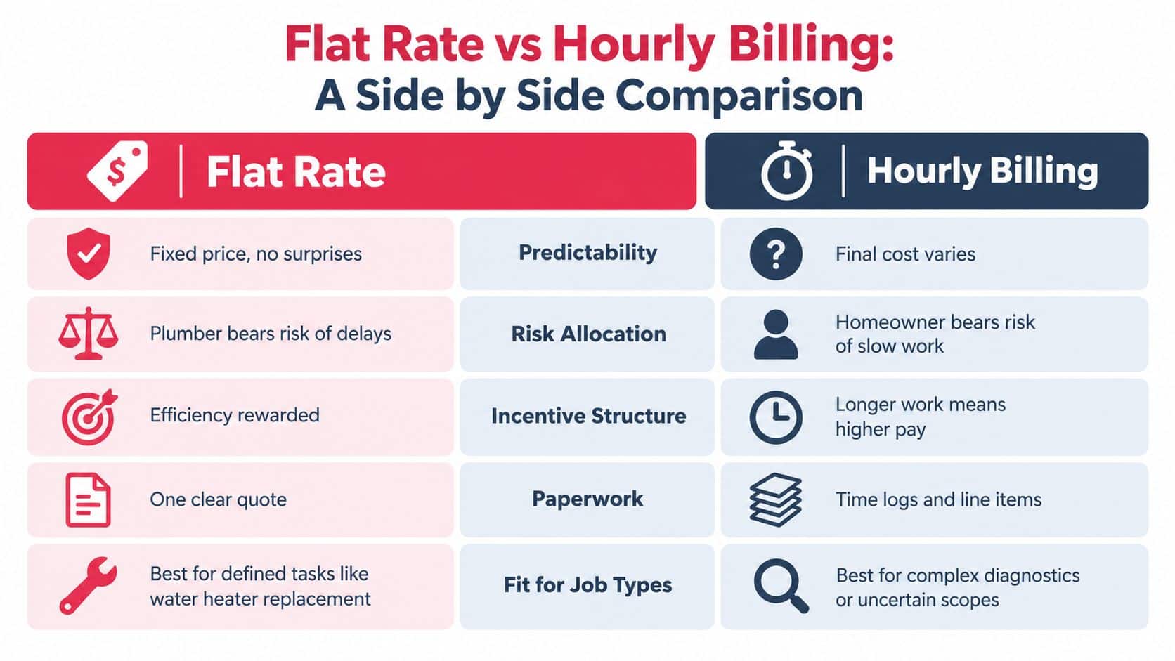 A comparison chart showing the pros and cons of flat rate versus hourly billing for plumbing services.