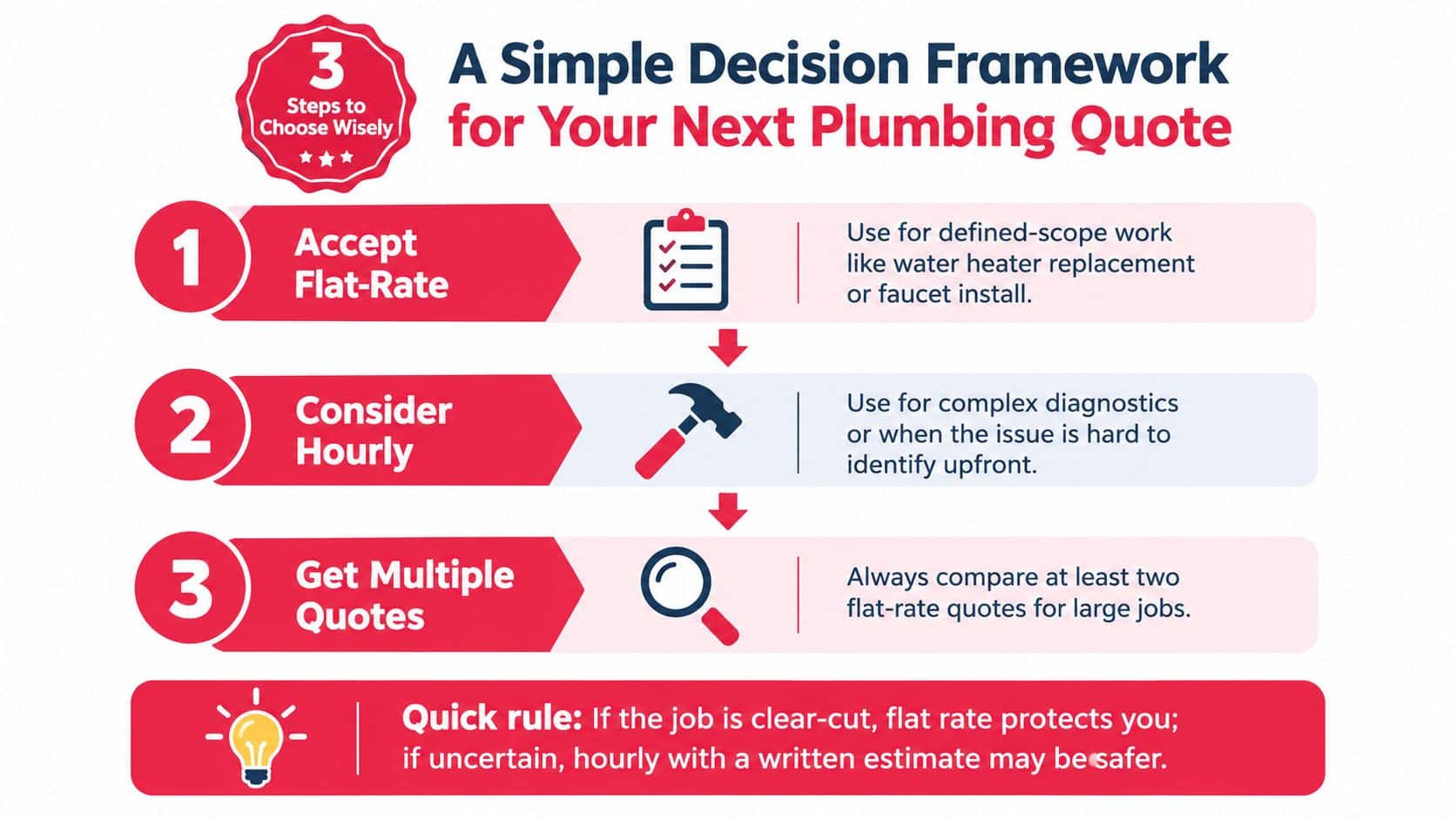 A simple 3-step decision framework guide for choosing between flat-rate or hourly pricing for plumbing services.