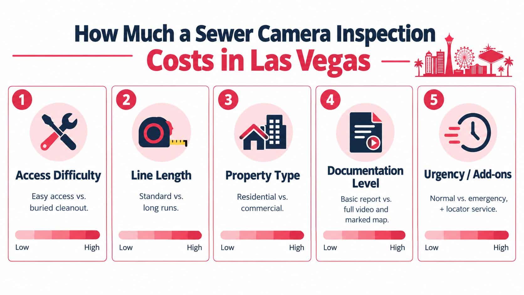 An infographic showing five factors that influence the cost of a sewer camera inspection in Las Vegas.