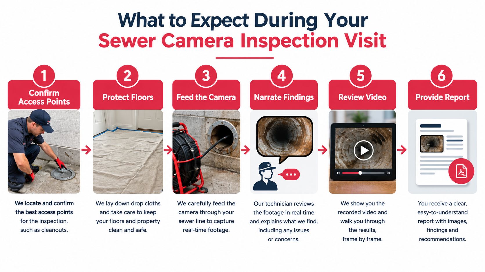 A six-step infographic illustrating the professional sewer camera inspection process performed by a service technician.