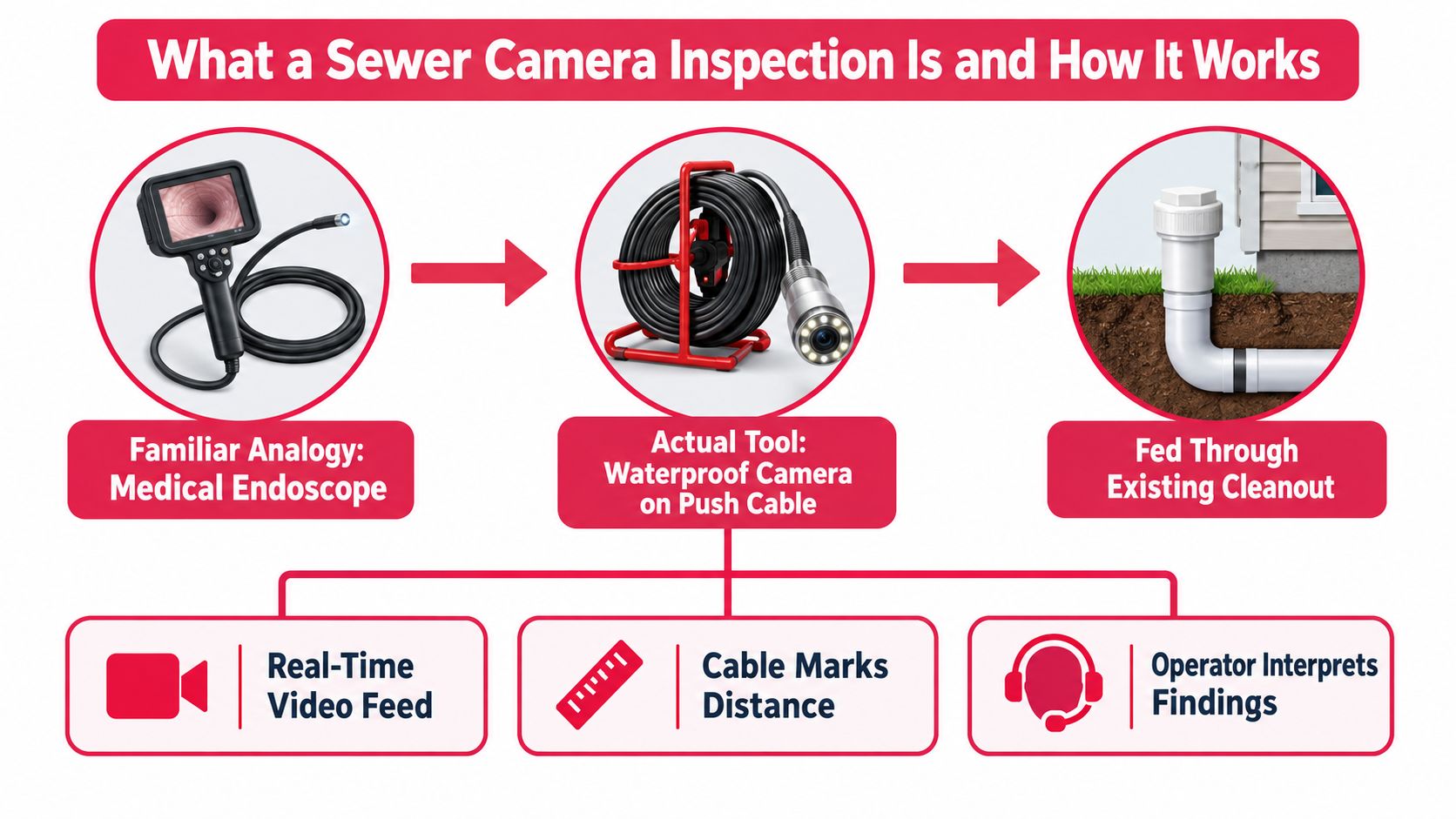 A diagram explaining the process of a sewer camera inspection using a specialized waterproof camera and cable.