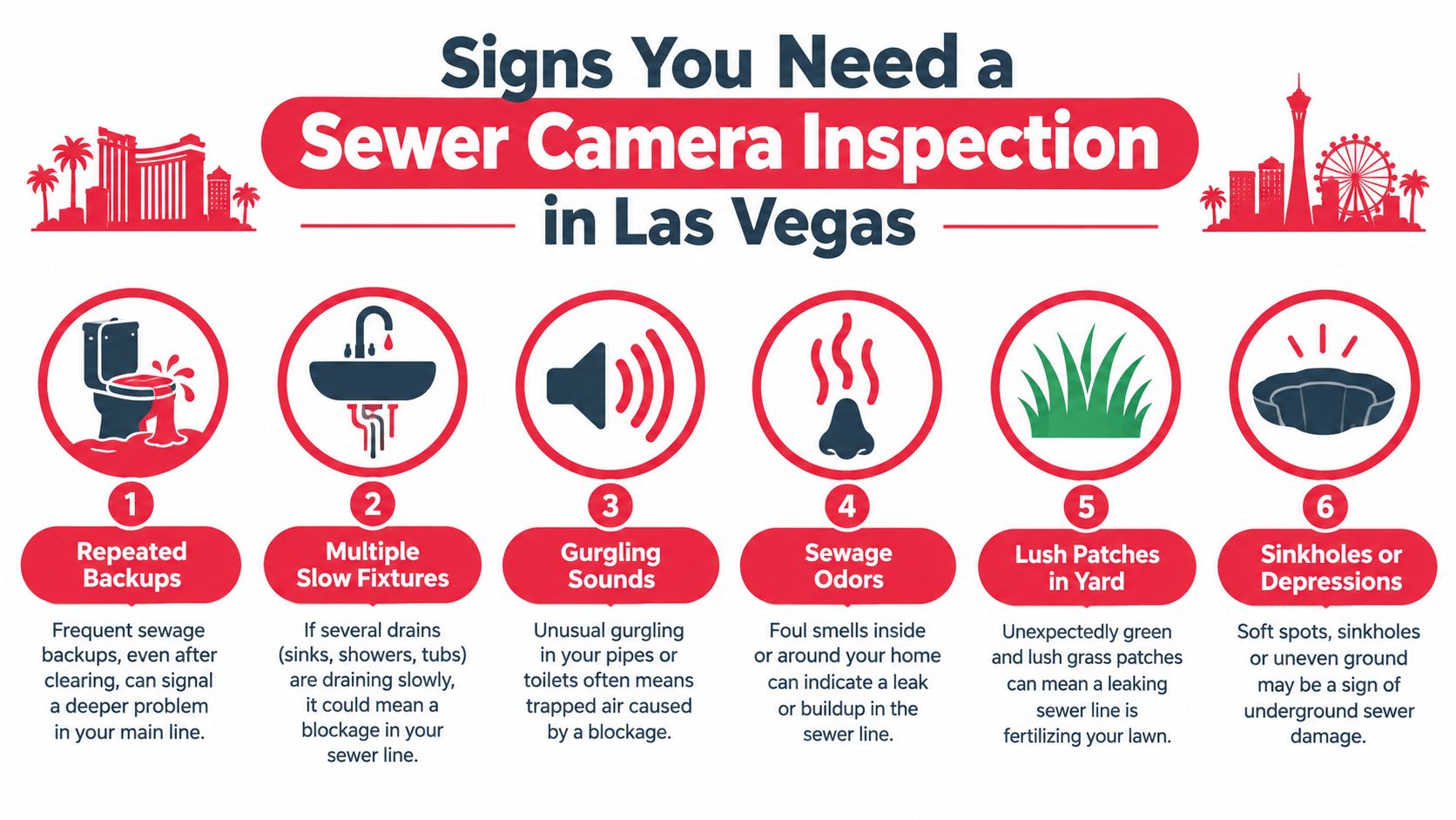 An infographic detailing six key signs indicating the need for a professional sewer camera inspection in Las Vegas.