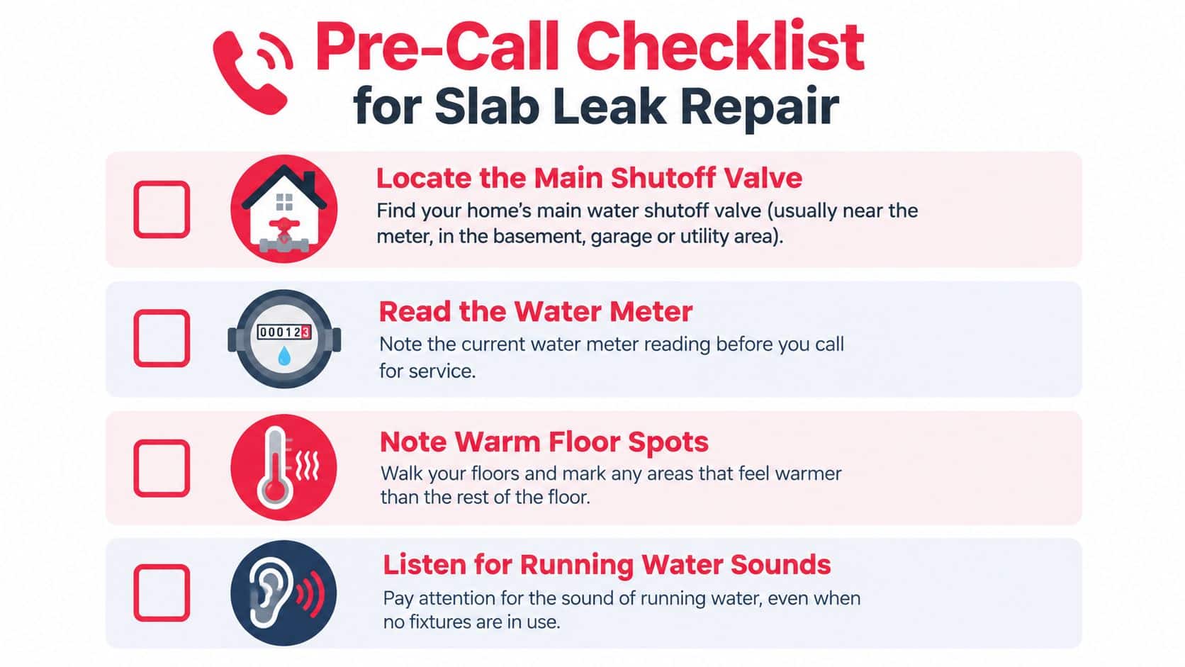 A pre-call checklist infographic for slab leak repair, listing steps to take before calling a plumber.