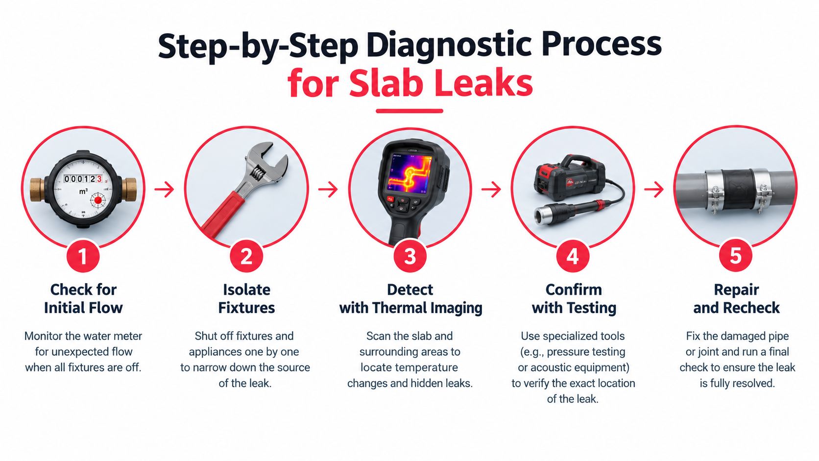A five-step infographic showing the professional diagnostic process for detecting and repairing plumbing slab leaks.