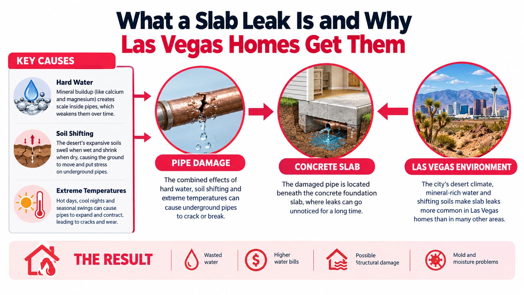An infographic explaining the causes of slab leaks in Las Vegas homes, including hard water and soil.