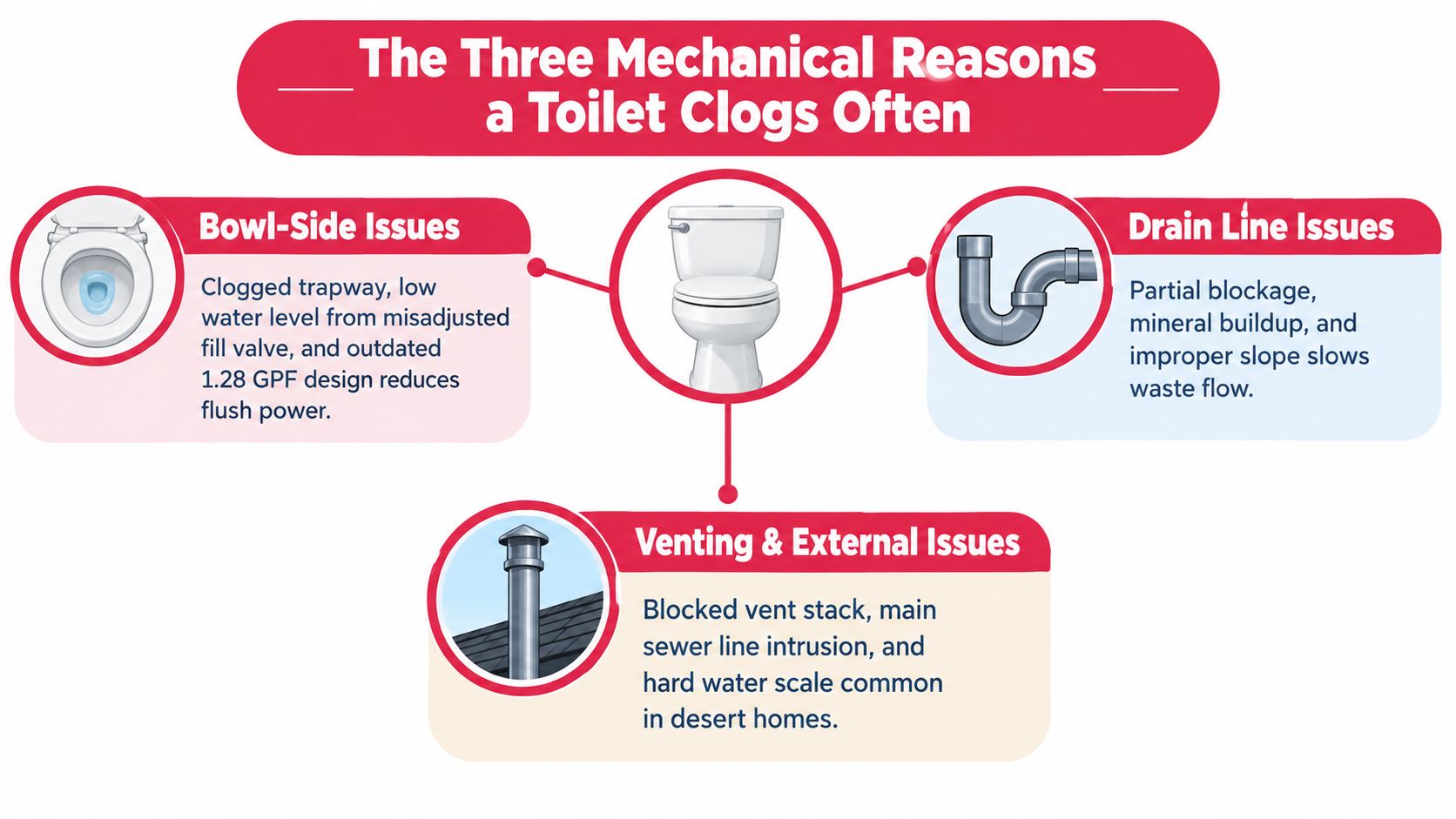 An infographic titled The Three Mechanical Reasons a Toilet Clogs Often, displaying bowl-side, drain line, and venting issues.