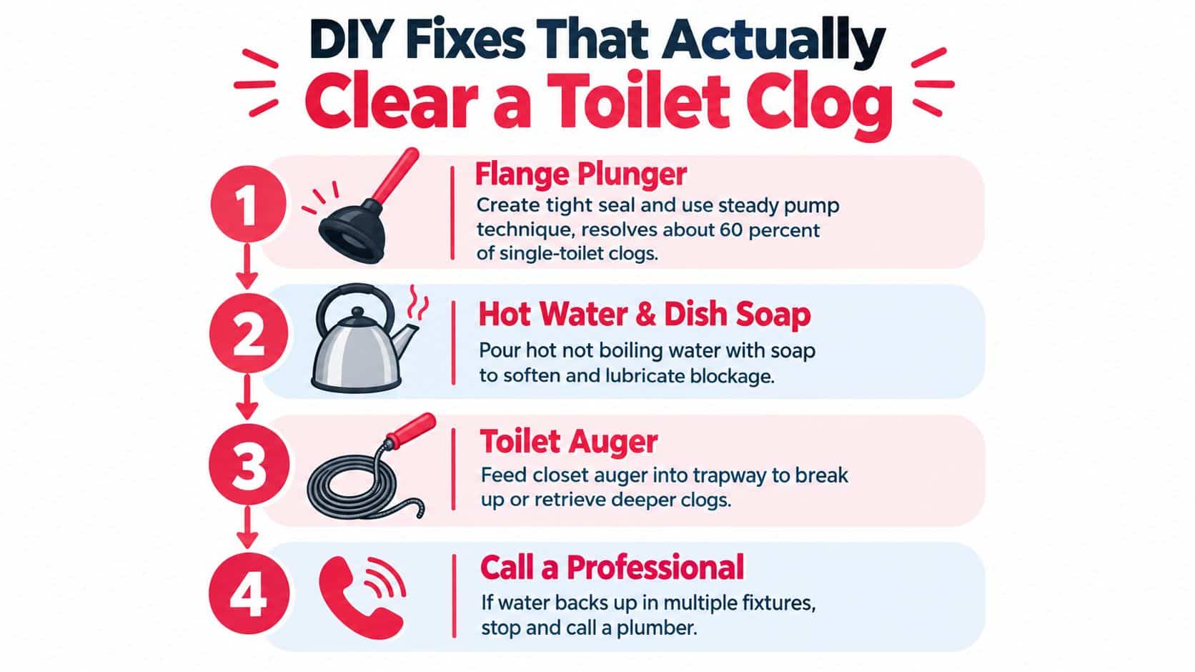 An infographic detailing four effective DIY steps to clear a toilet clog using various methods.