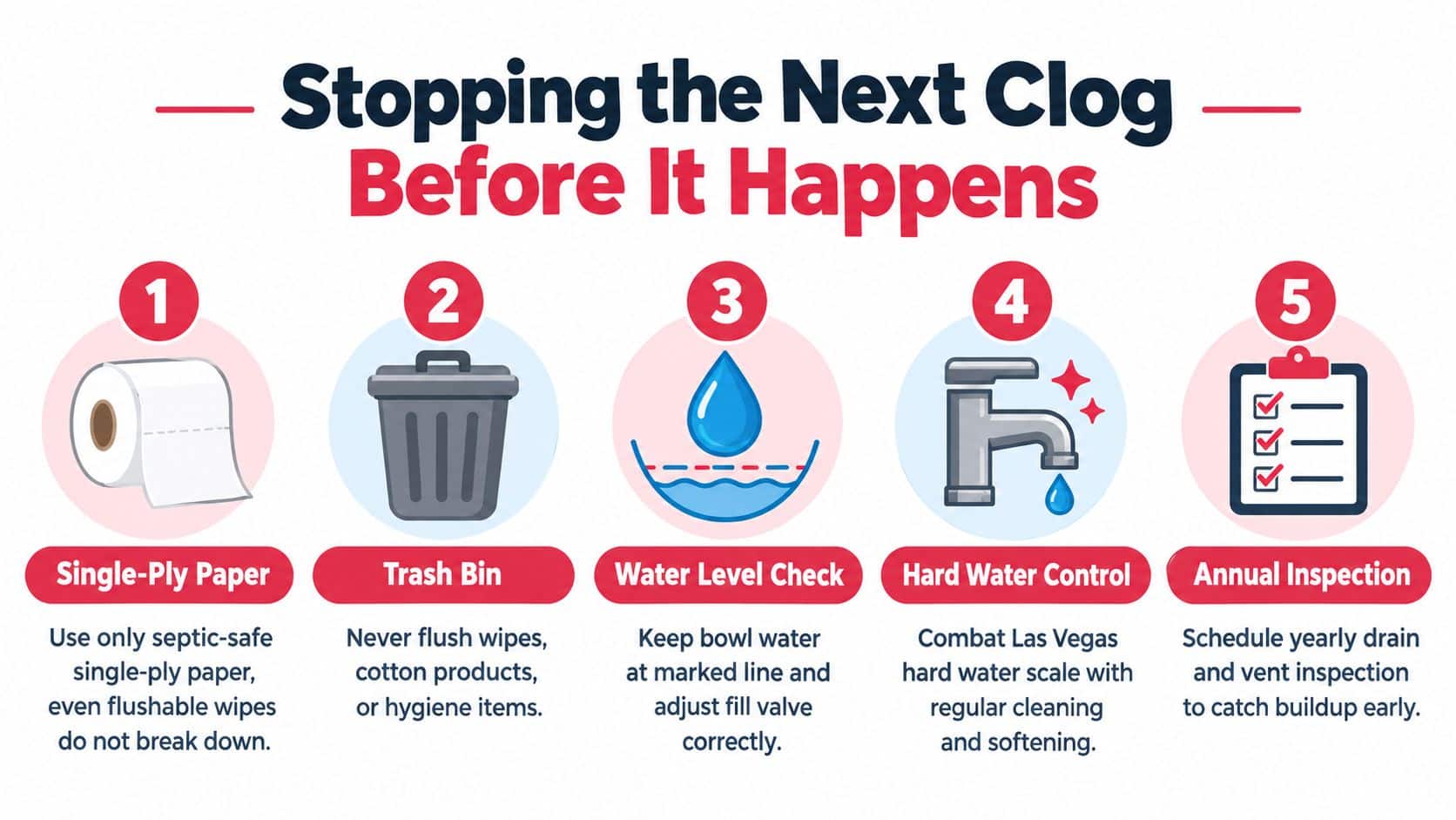 An infographic showing five tips for preventing toilet clogs, including paper choice, waste disposal, and maintenance.