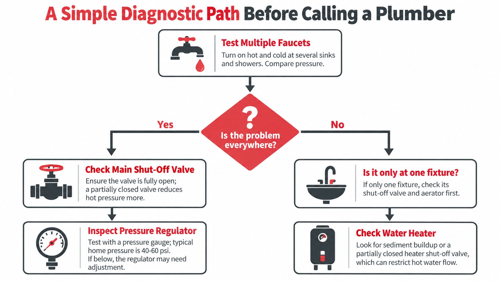 A diagnostic flowchart showing how to troubleshoot low hot water pressure before calling a professional plumber.