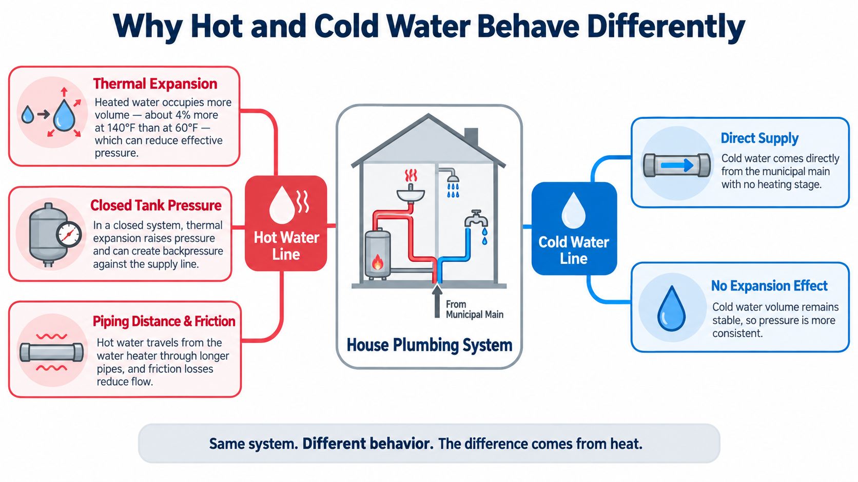 A diagram comparing plumbing systems, showing why hot and cold water pipes experience different pressure and flow.