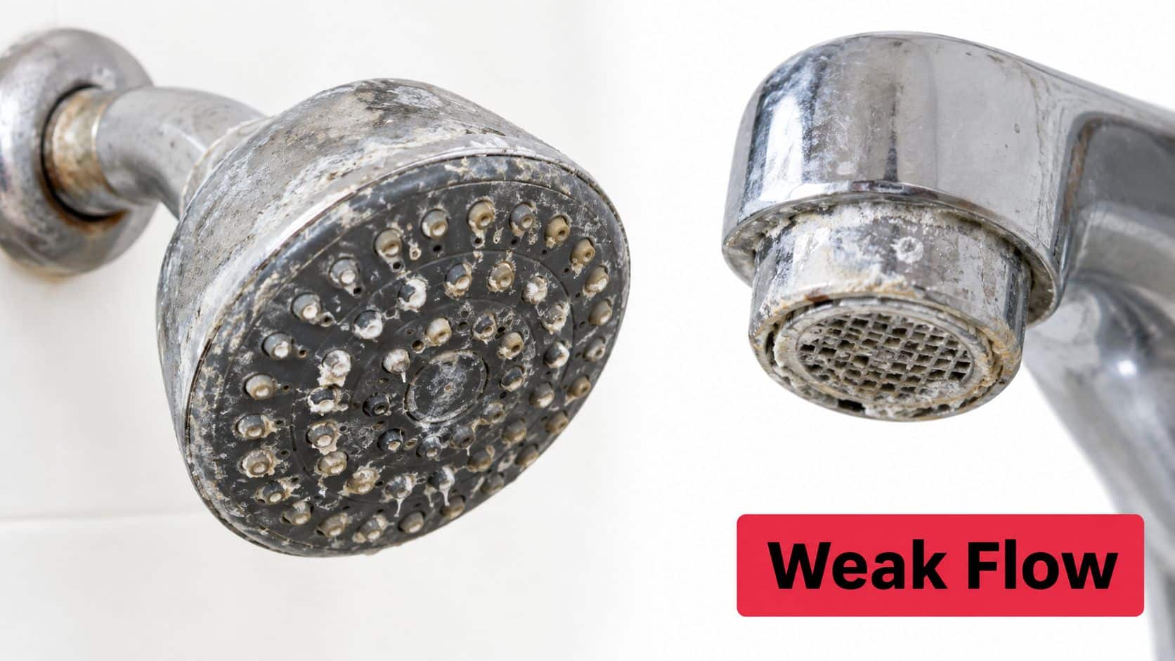 A dirty shower head and faucet covered in white limescale mineral deposits, causing reduced water flow.
