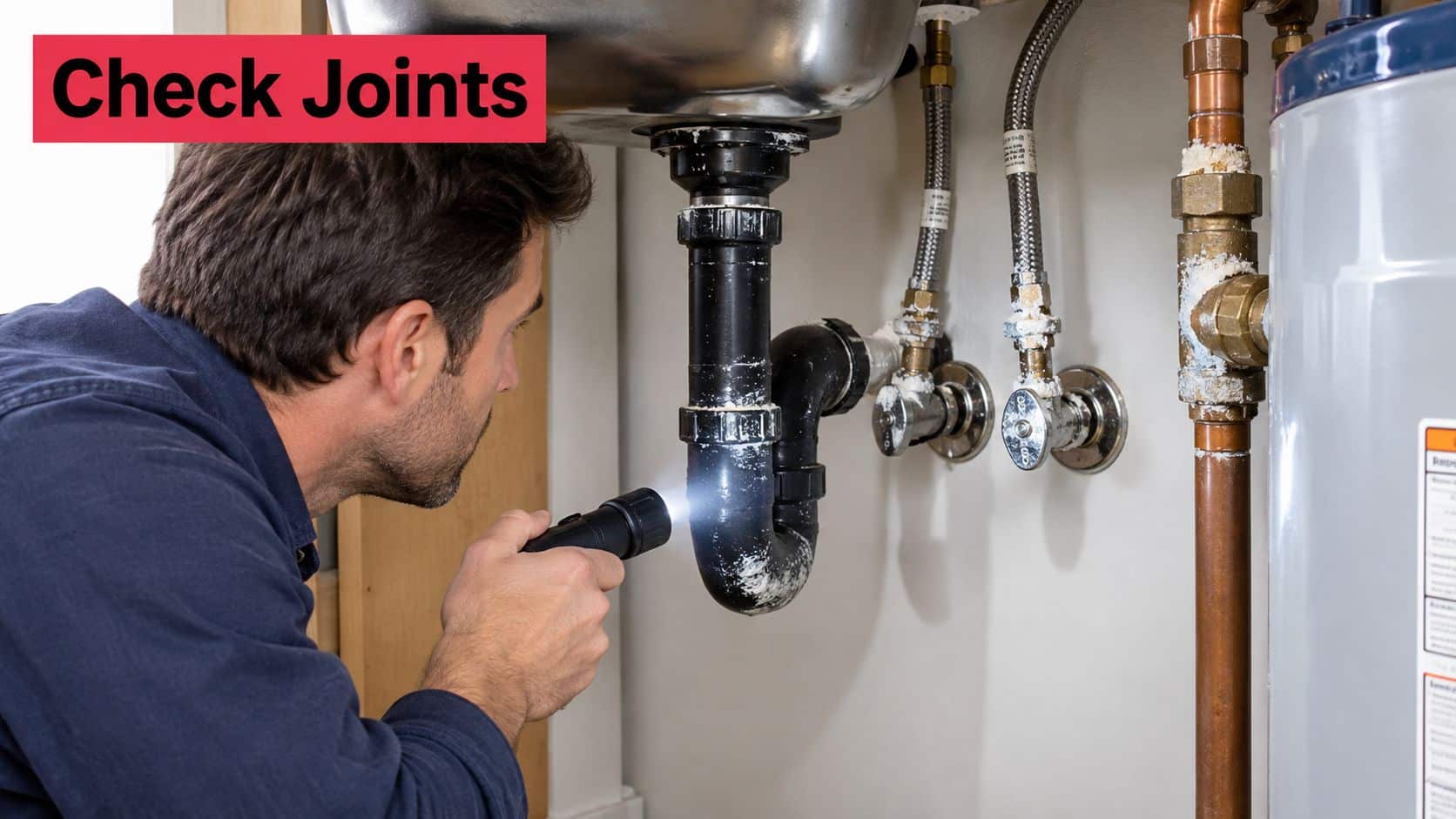 A professional plumber inspects plumbing pipes under a sink with a flashlight to identify calcium buildup issues.