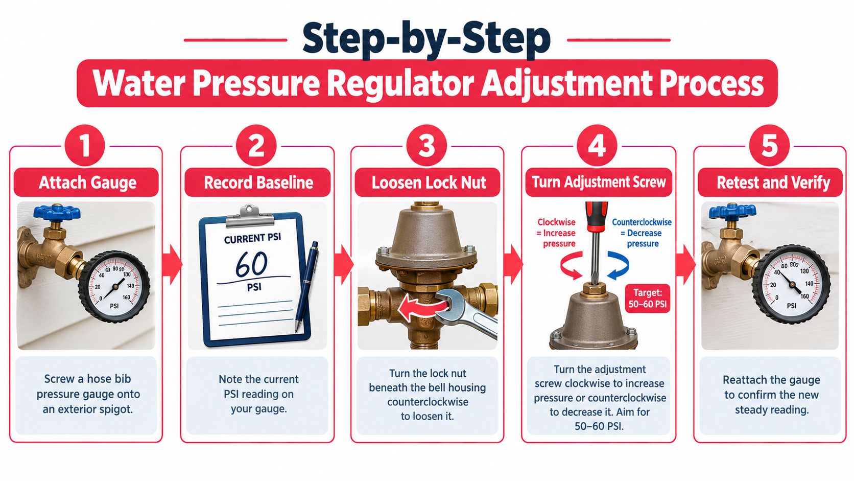 A five-step infographic showing how to adjust a home water pressure regulator with a pressure gauge.