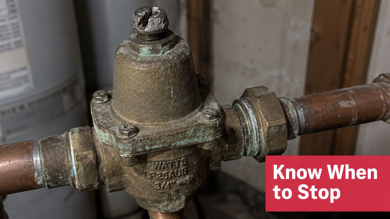 A close-up view of a Watts 3/4 inch water pressure regulator valve installed on copper piping.