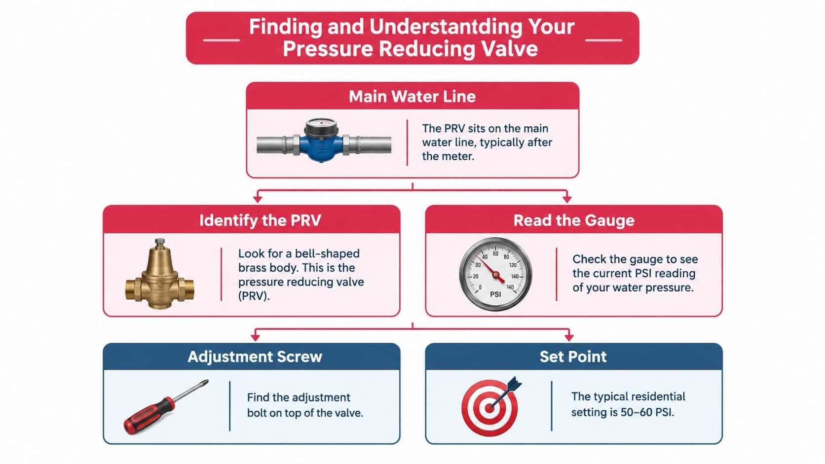 An infographic titled Finding and Understanding Your Pressure Reducing Valve showing steps to locate and adjust water pressure.