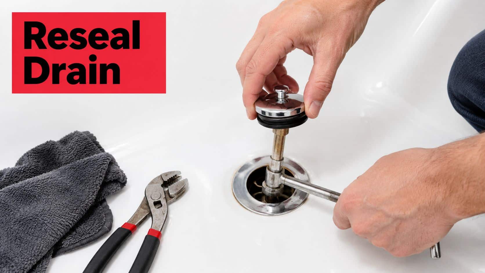 A person uses a tool to tighten or repair a drain stopper in a white bathtub.