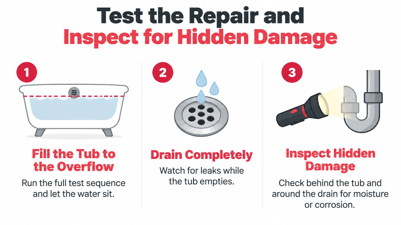 An infographic illustrating three steps to test a bathtub repair: filling the tub, draining, and inspecting for leaks.