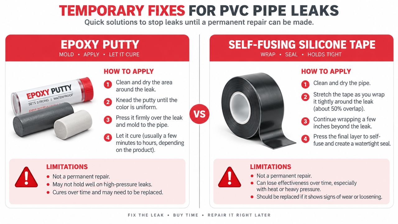 An infographic showing two temporary methods to fix PVC pipe leaks using epoxy putty or silicone tape.
