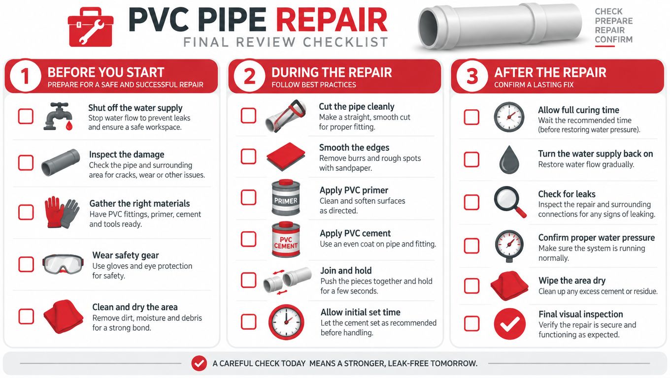 A comprehensive three-step PVC pipe repair checklist detailing preparation, repair, and inspection processes for plumbing maintenance.