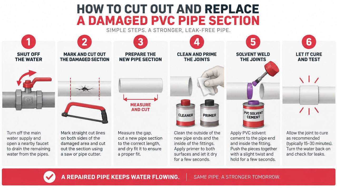 A six-step instructional graphic showing how to repair and replace a damaged section of PVC pipe.