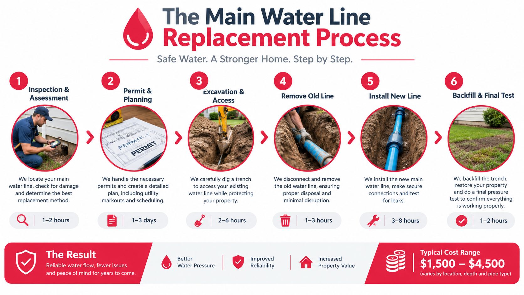 A six-step infographic illustrating the main water line replacement process from initial inspection to final site restoration.