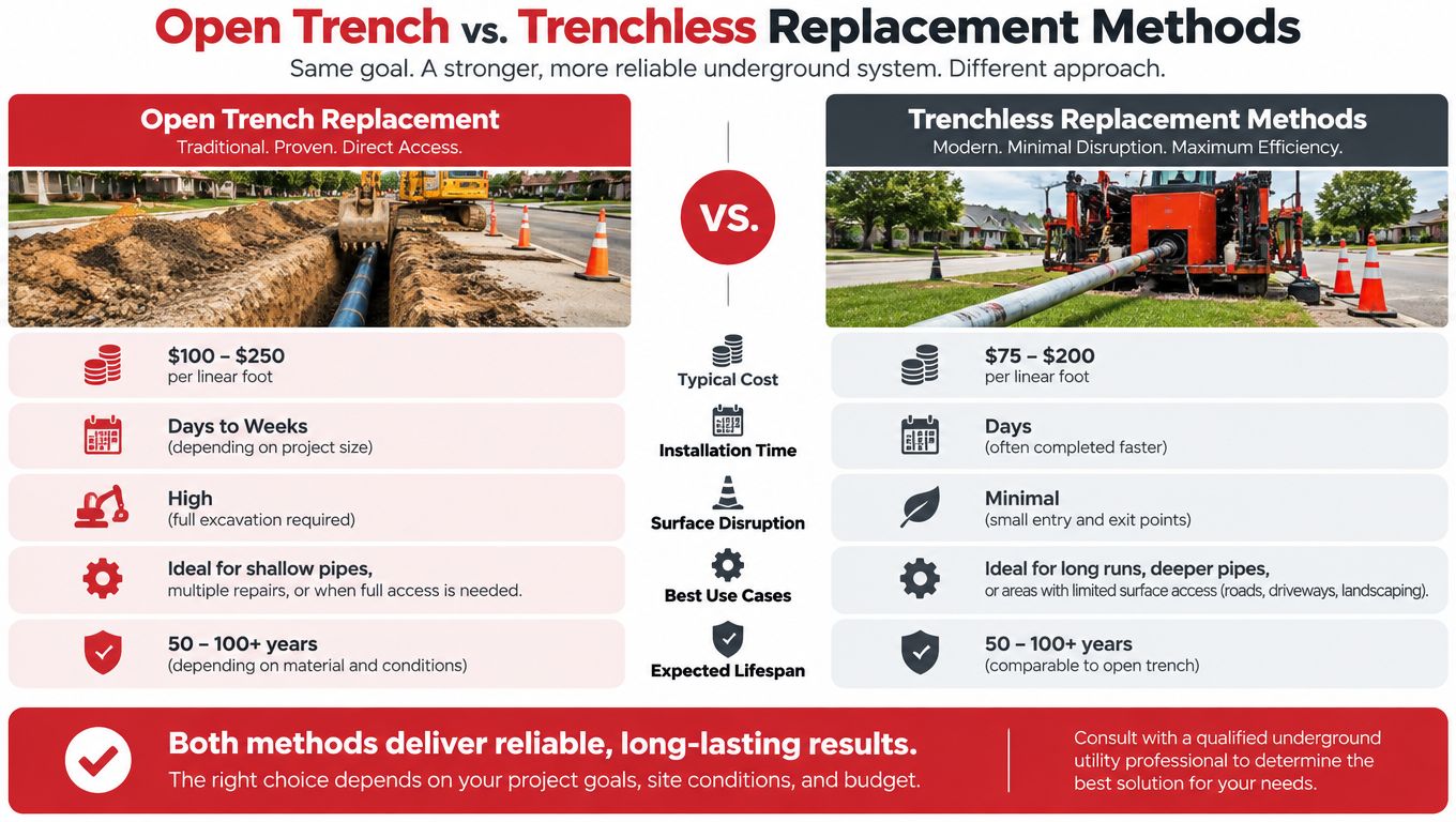 A comparison chart showing the differences between traditional open trench and modern trenchless water line replacement methods.