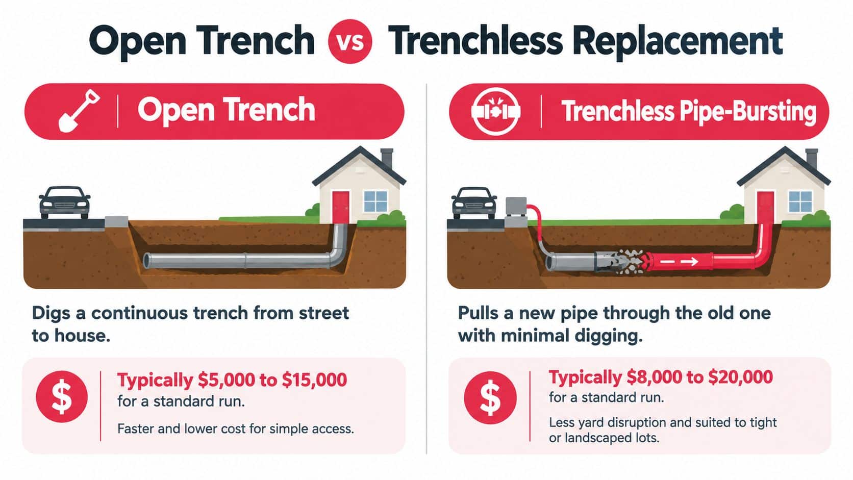 A comparison infographic showing open trench excavation versus trenchless pipe-bursting methods for main water line replacement.