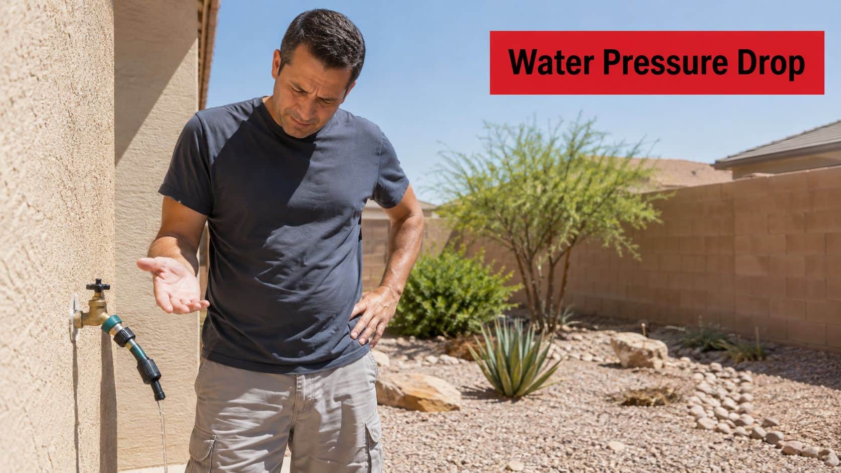A concerned man inspecting low water flow from an outdoor faucet in a dry desert yard.