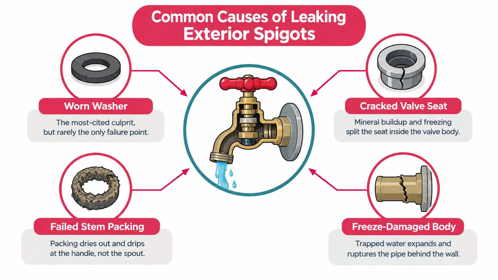 An infographic detailing the four common causes of leaking exterior spigots, including washers, valve seats, and freezing.