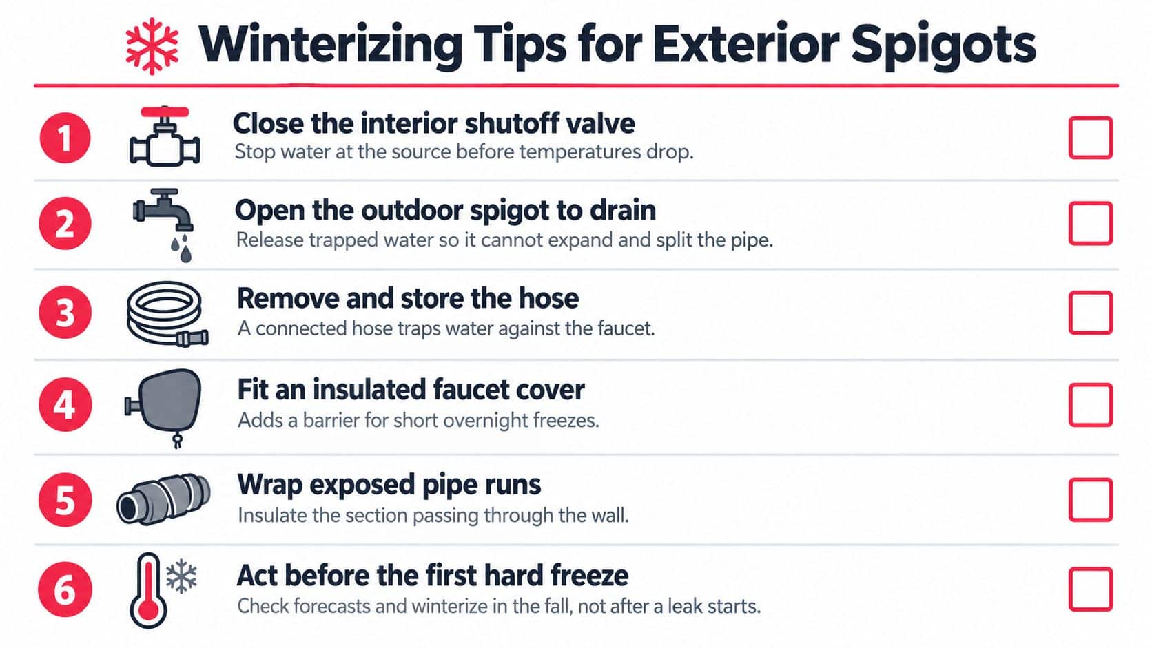 A checklist infographic illustrating six essential steps for winterizing exterior spigots to prevent frozen pipes.