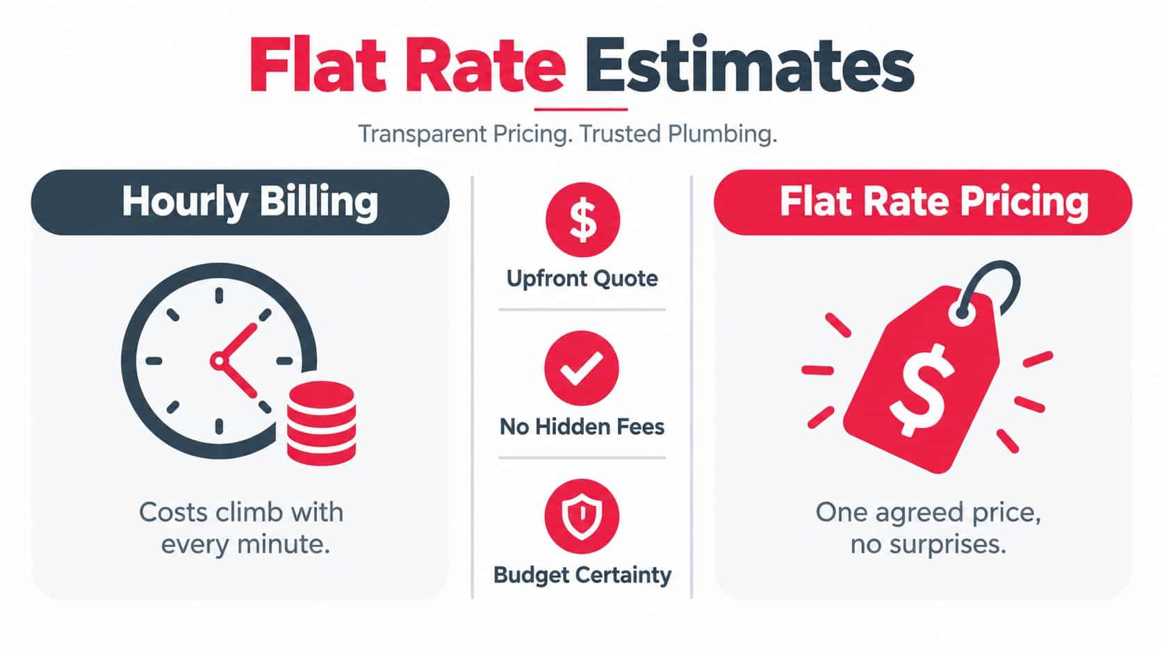 A comparison chart showing the differences between hourly billing and flat rate pricing for plumbing services.