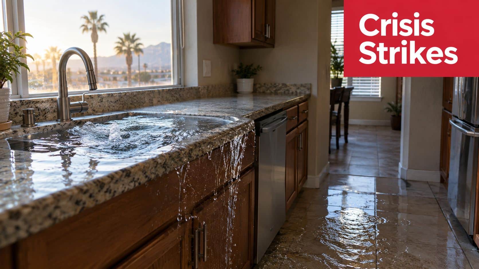 A kitchen sink overflowing with water that is leaking onto the cabinet and onto the tiled floor.