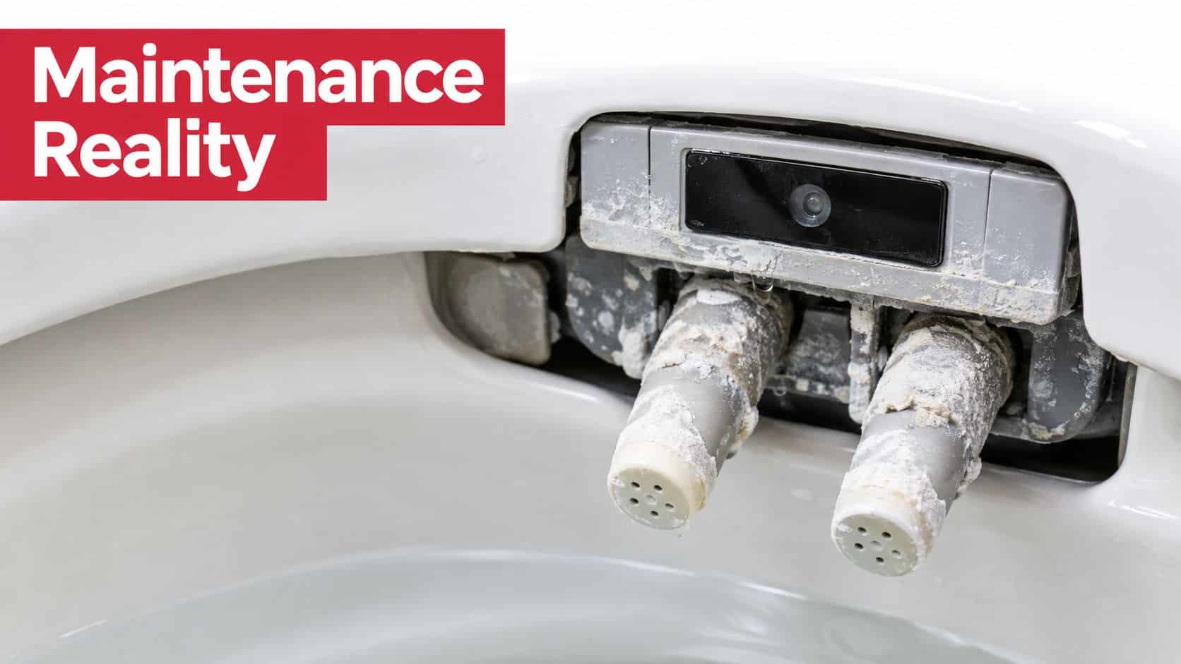 A close-up of a dirty bidet nozzle assembly with significant mineral scale and hard water buildup inside.