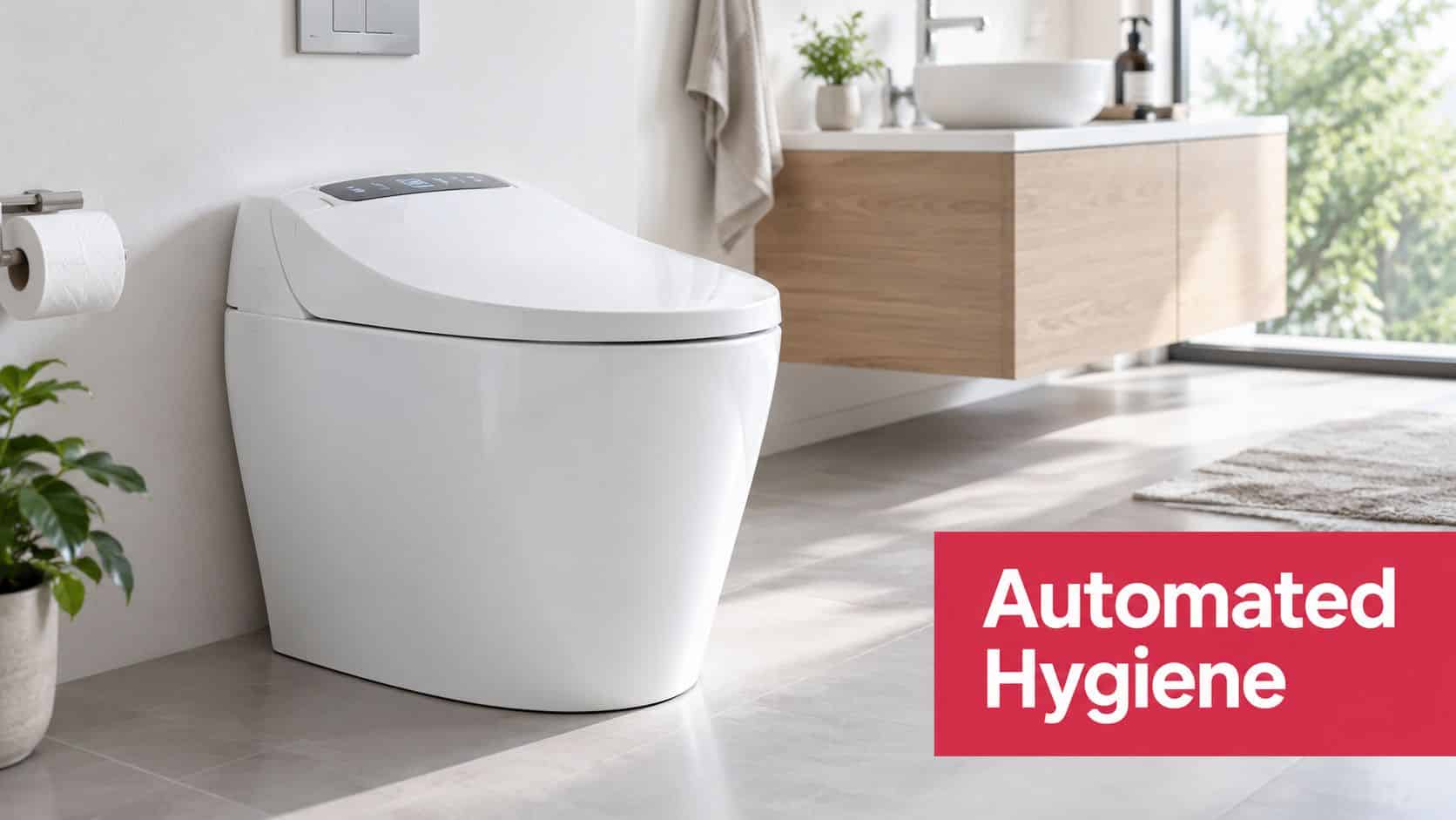 A sleek, white modern smart toilet featuring automated cleaning functions placed in a minimalist bathroom interior.