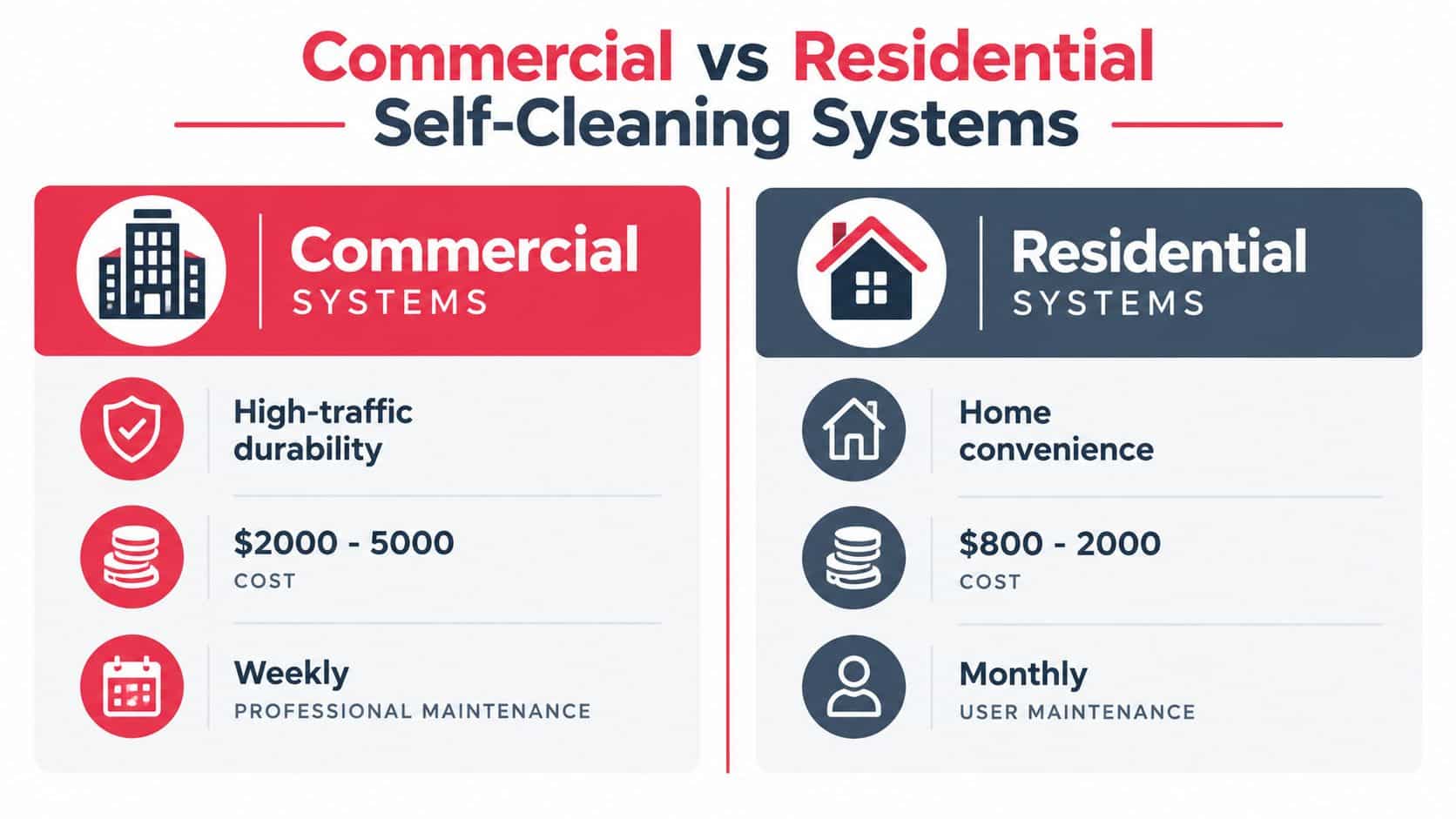 A comparison chart showing differences between commercial and residential self-cleaning systems regarding durability, cost, and maintenance.